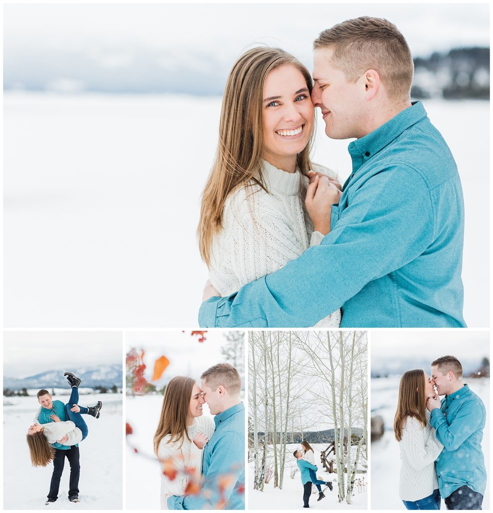 Winter engagement session in McCall, Idaho with fun, joyful couple.