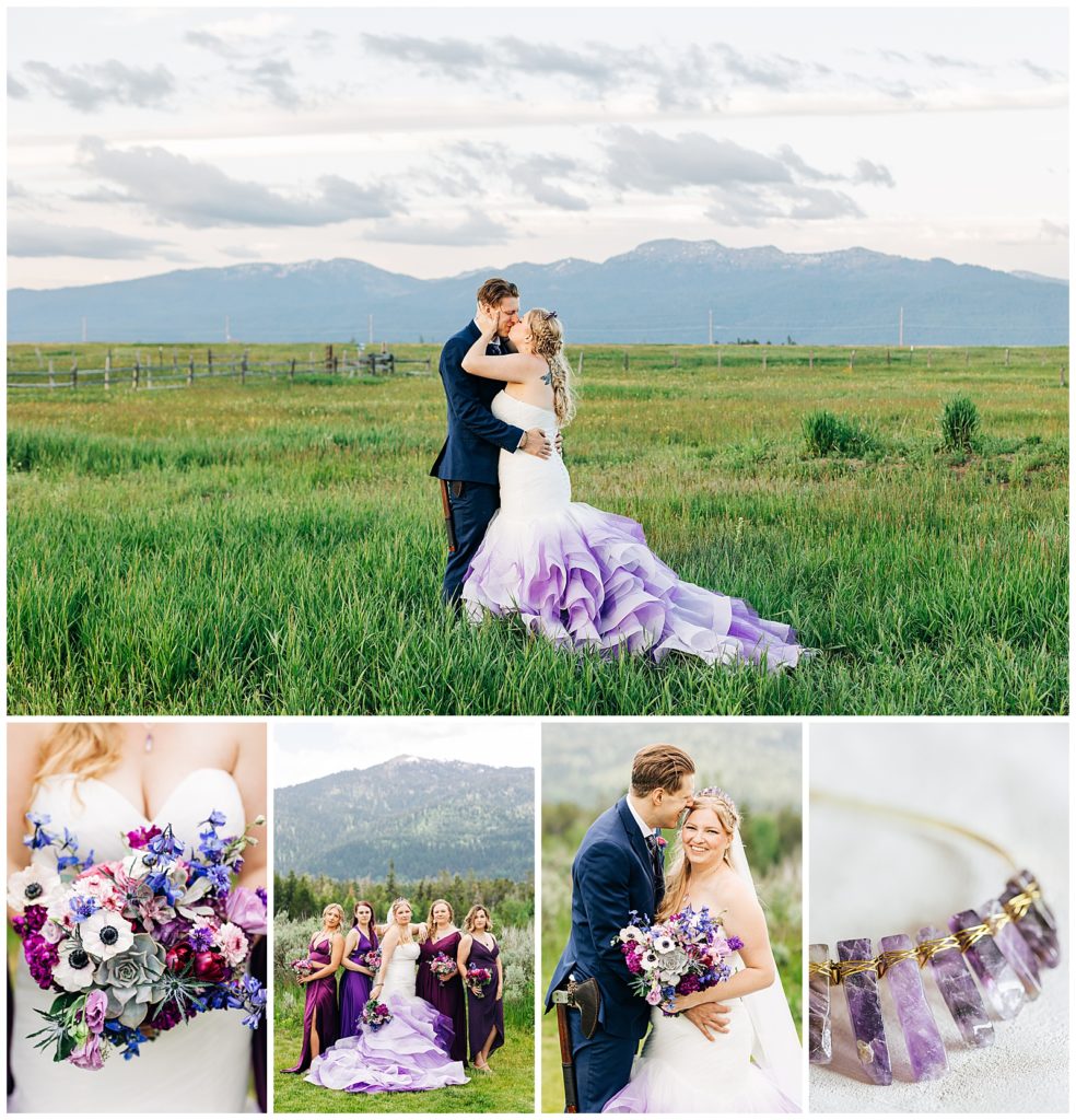 wedding at no business lodge, mccall idaho wedding, colorful wedding purple wedding dress
