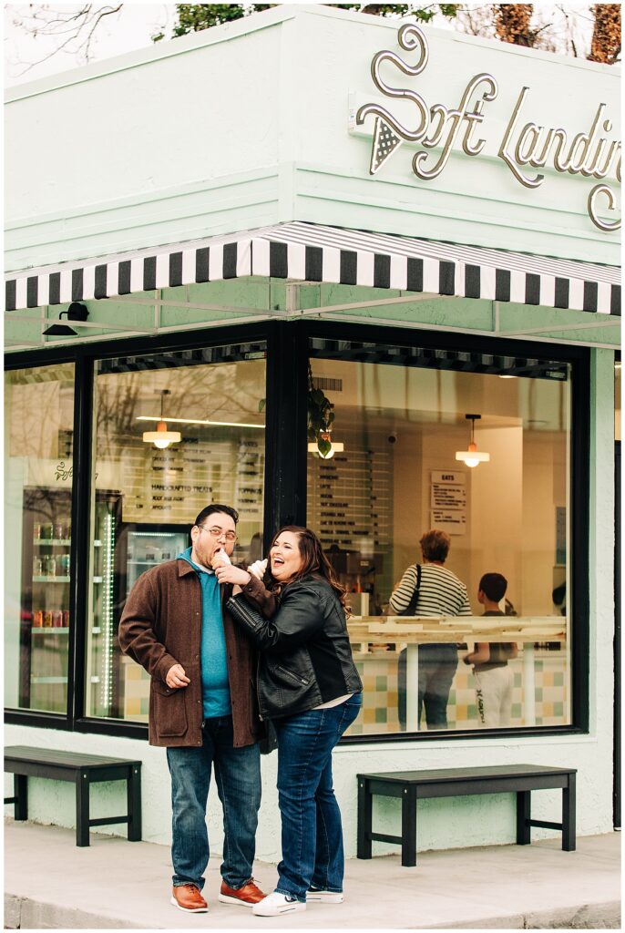 Sharing soft-serve ice cream at Soft Landing to end their engagement session in Boise.